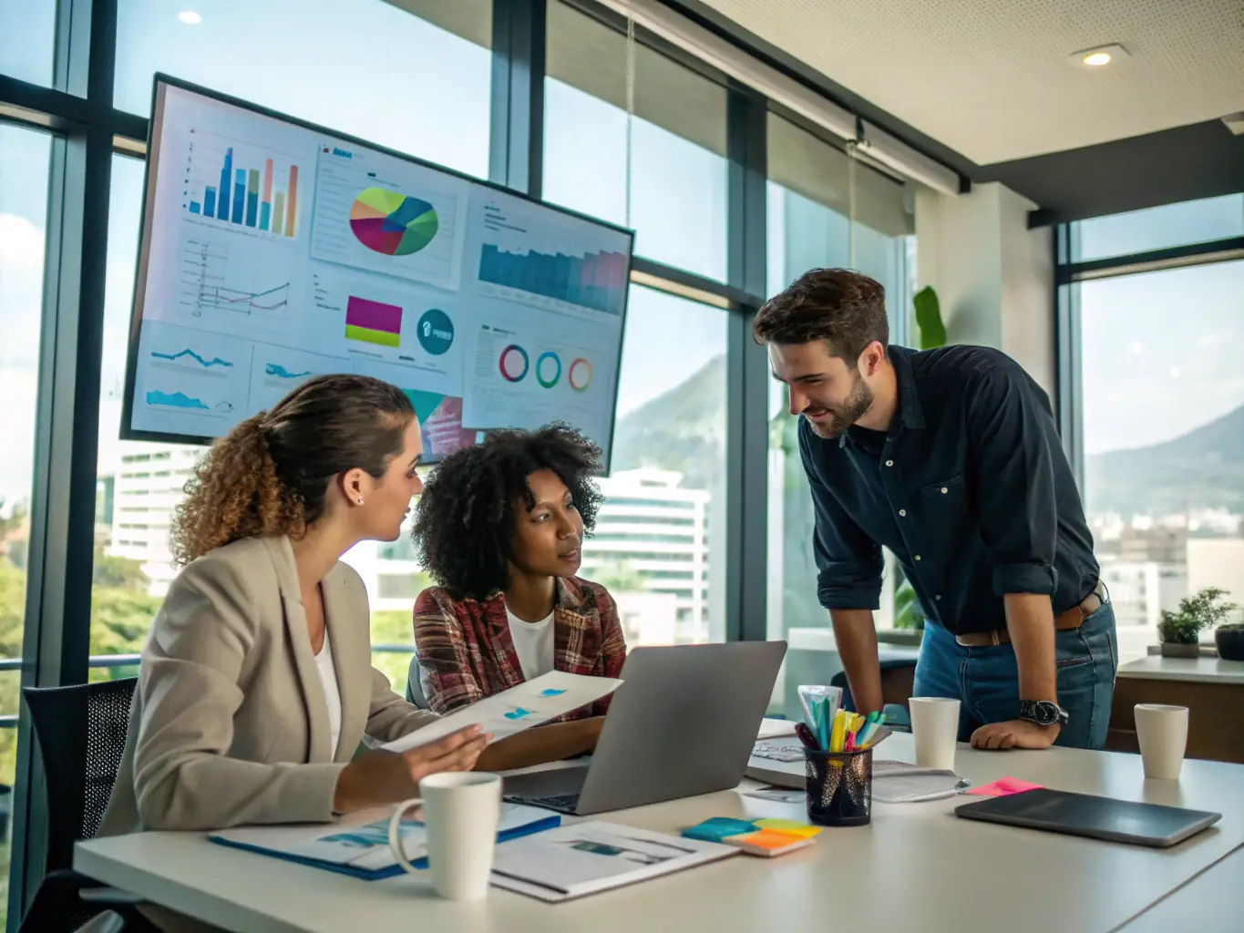 A diverse team collaborating around a large interactive screen displaying real-time data analytics, emphasizing teamwork and data-driven strategy.