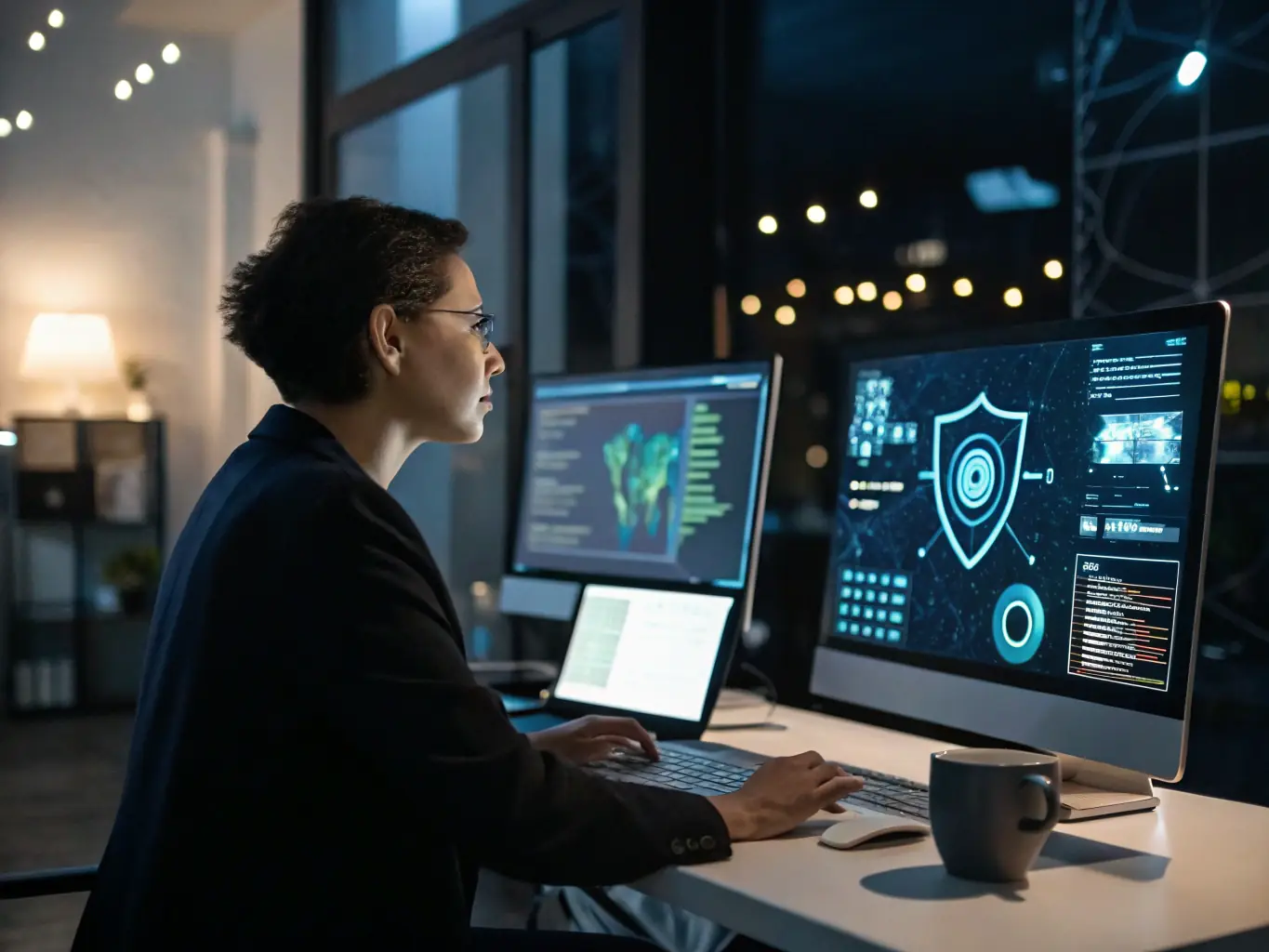 A professional cybersecurity expert is reviewing the security protocols of Shelf.data's AI-Powered Private Data Assistant on a computer screen, ensuring data protection.