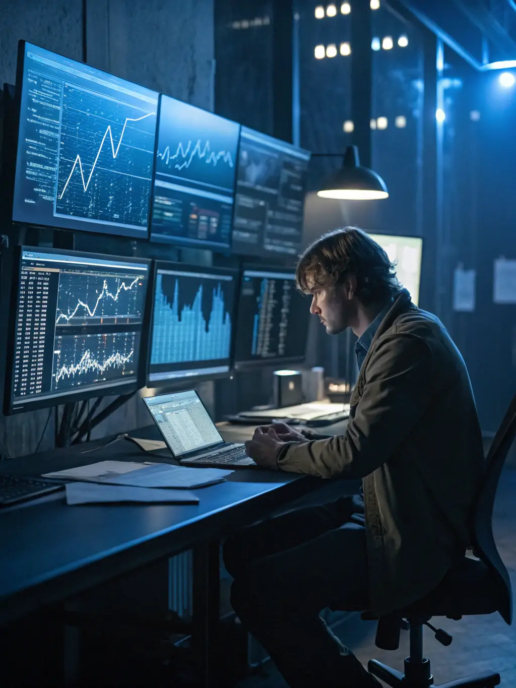 A professional photograph of a data scientist analyzing a complex sales forecast graph on a computer screen, highlighting the AI-powered prediction capabilities of the Demand Forecasting App.