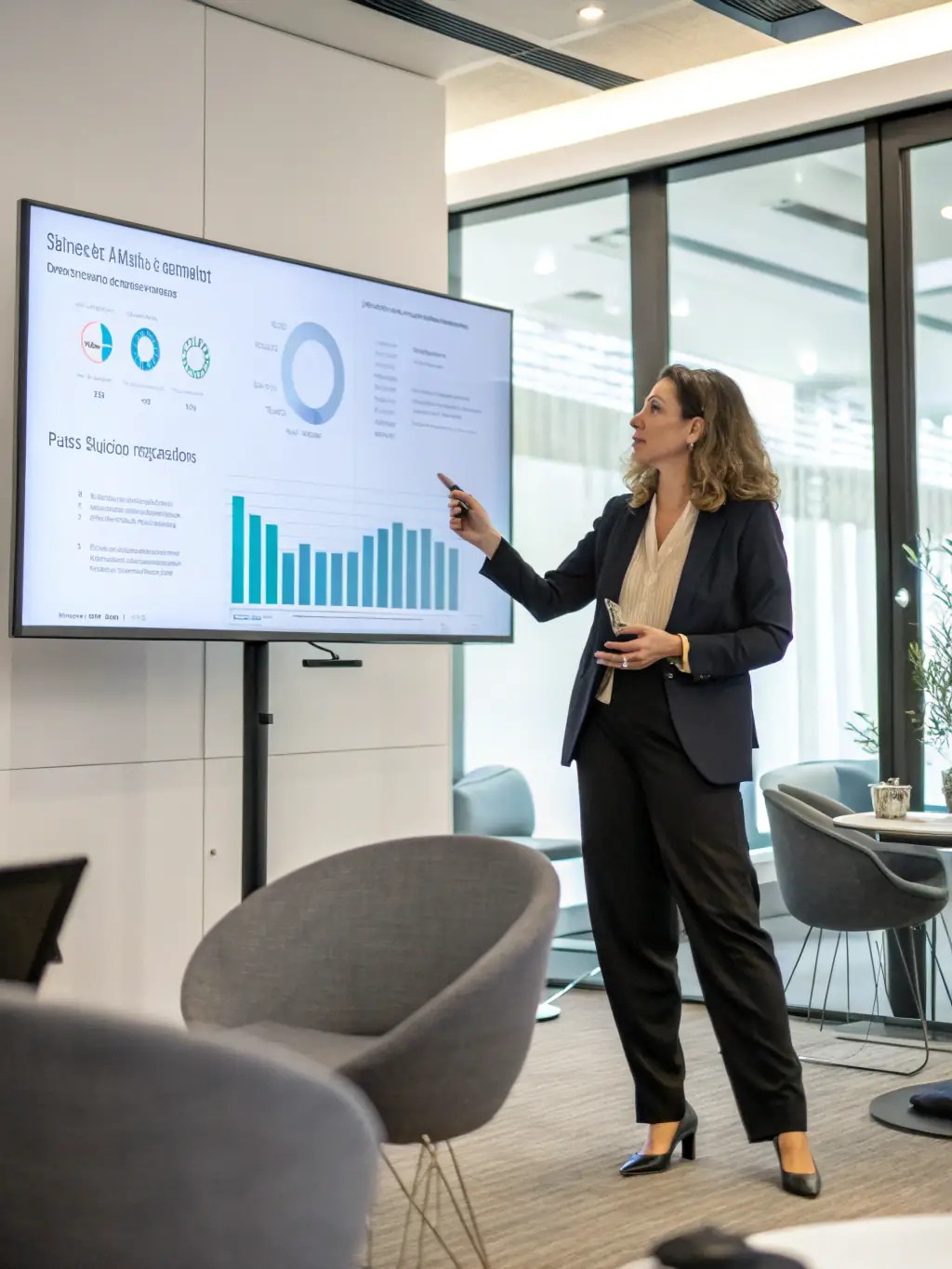 A professional data analyst is presenting a clear, concise data visualization to a client, showcasing Shelf.data's ability to transform complex data into understandable insights.