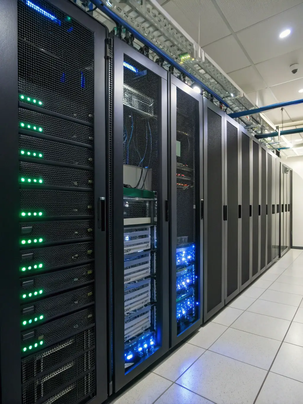 A secure server room with blinking lights, symbolizing the robust security measures Shelf.data employs to protect client data.