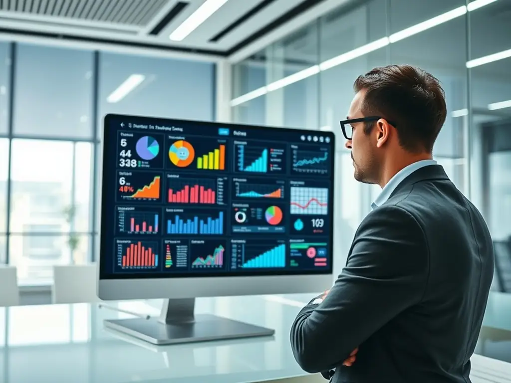 A professional is analyzing a complex data visualization dashboard, highlighting the process of identifying key trends and insights within a business setting.